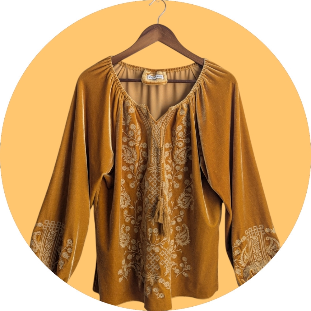NWOT Paparazzi Velvet Embroidered Mustard Top - Size Medium